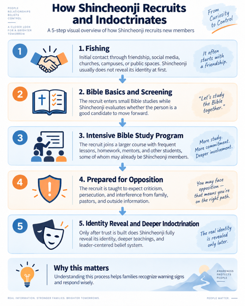 Infographic showing the five-step Shincheonji recruitment and indoctrination process: fishing, Bible Basics and screening, intensive Bible study, preparation for opposition, and the Shincheonji identity reveal.