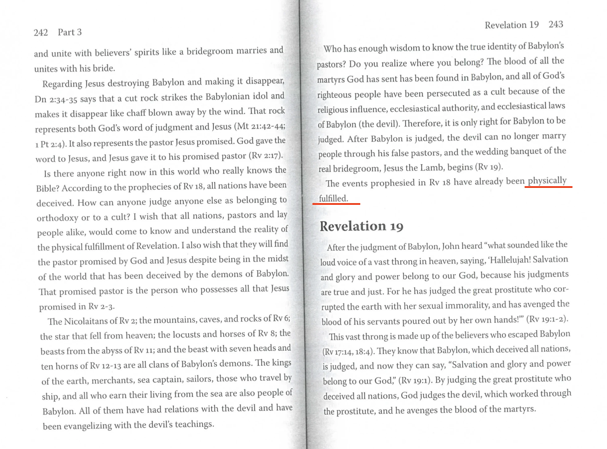 Open pages 242 and 243 of the English book The Creation of Heaven and Earth; on page 243 the sentence about the events of Revelation 18 having already been physically fulfilled is underlined in red, just above the heading Revelation 19.