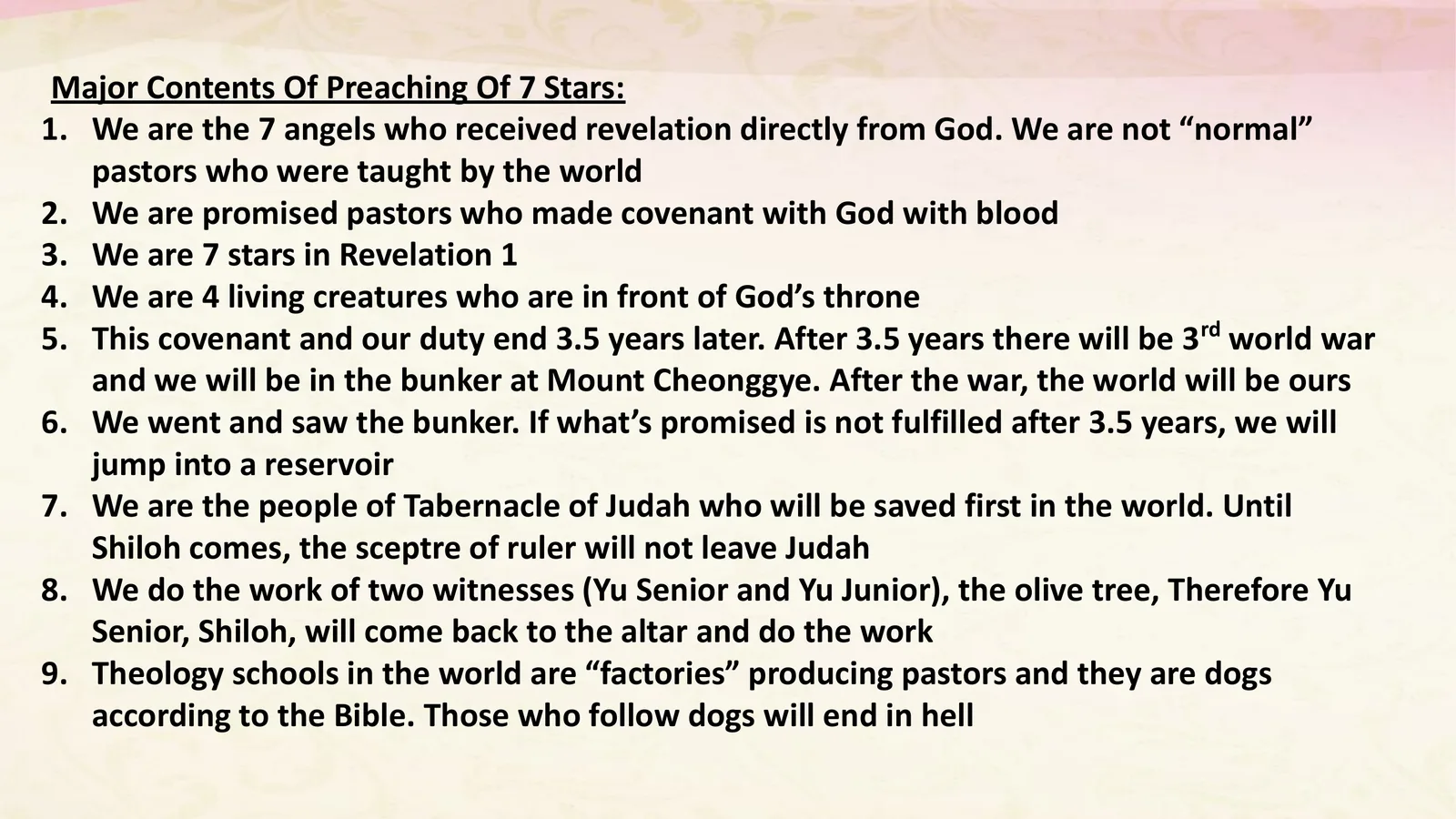 Training-deck text page listing the main points of the seven stars' preaching.