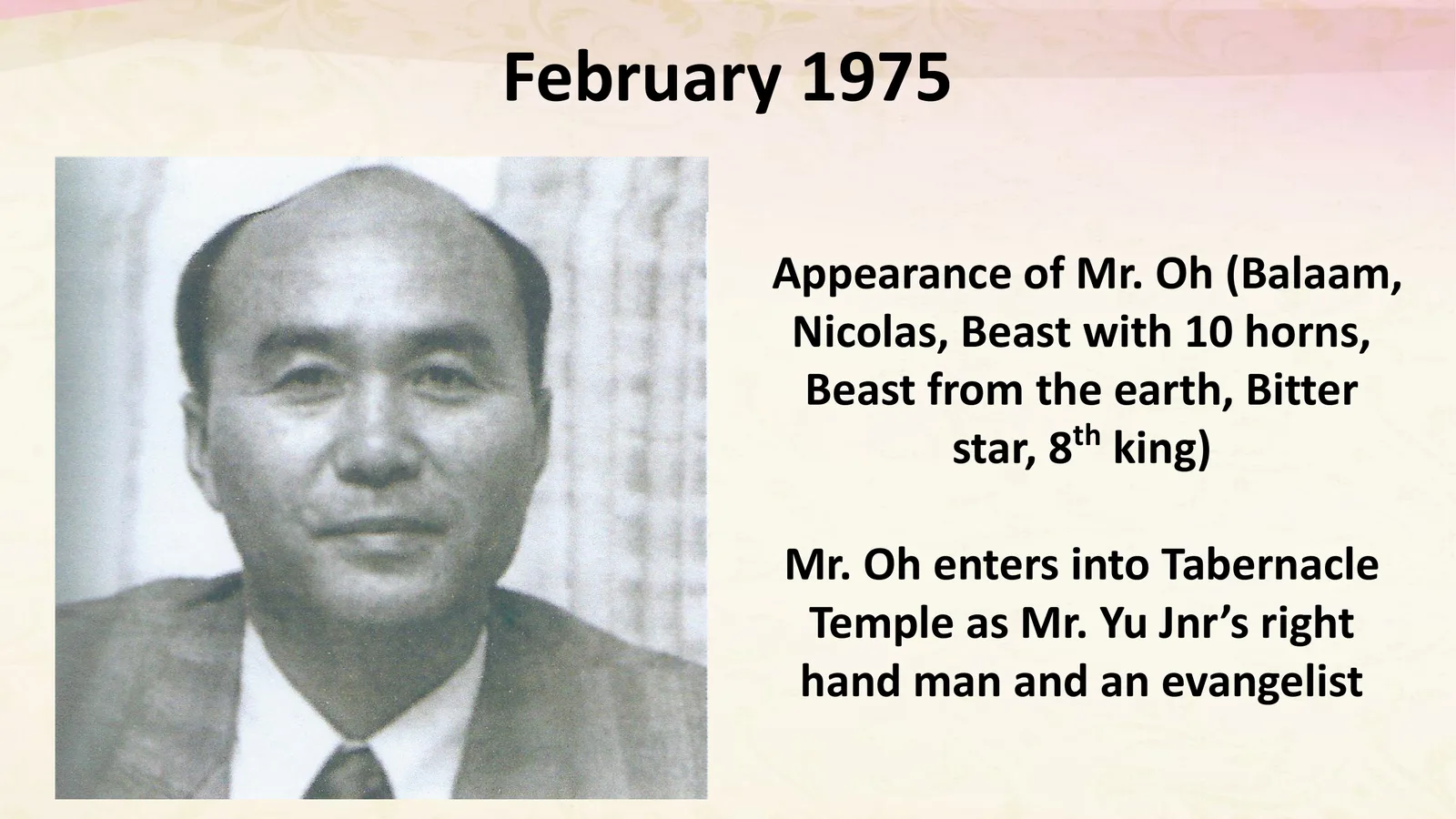 Training-deck page headed February 1975 about the appearance of Mr. Oh.