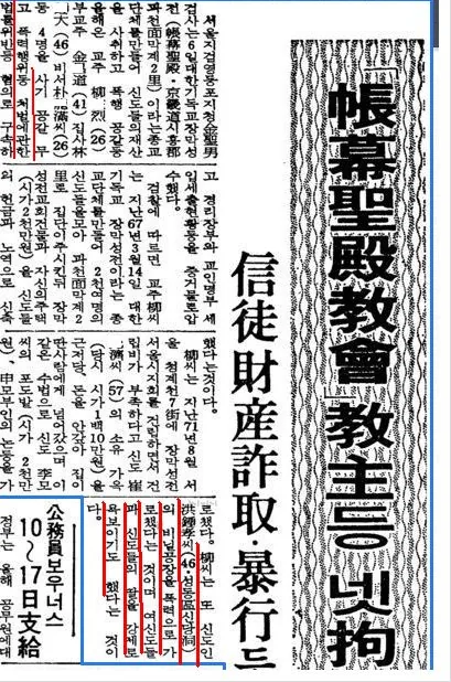 Scan of a Dong-A Ilbo article of 6 September 1975 with a large vertical headline reporting the arrest of the Tabernacle Temple Church leader and three others. Red underlines on some lines were added later for emphasis.