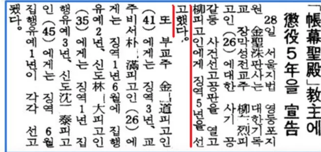 Scan of a short Dong-A Ilbo article of 1 March 1976 with the headline that the Tabernacle Temple leader was sentenced to five years. Red underlines on some lines were added later for emphasis.