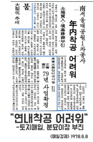 Clipping from the Maeil Business Newspaper of 8 June 1978 with a vertical headline saying the first phase of Namseoul Grand Park was unlikely to start that year.