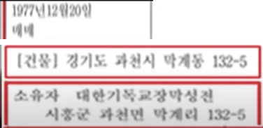 Cropped strips of a Korean building register entry: a date line reading 20 December 1977, sale, and boxed lines giving the building address and the owner, Korea Christian Tabernacle Temple.